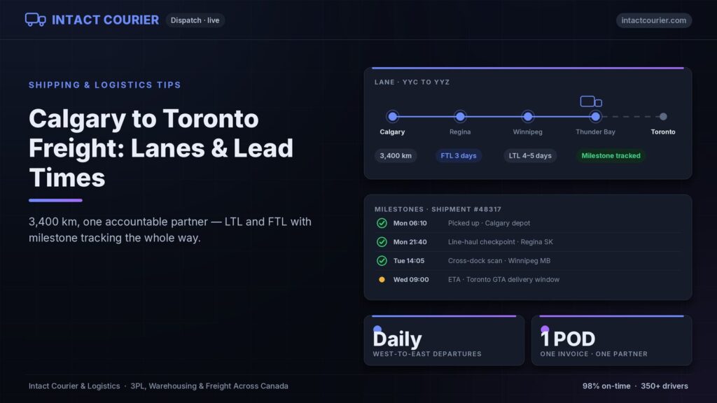 Calgary to Toronto freight lane with shipment milestones — Intact Courier