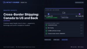 Canada–US cross-border shipping lane with customs document checklist — Intact Courier TMS
