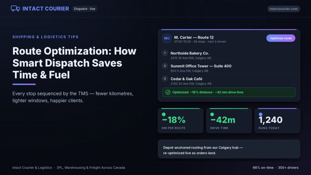 Route optimization board with sequenced stops and time savings — Intact Courier TMS